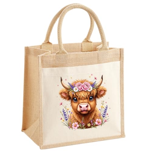 Jute Bag With Highland Cow Themed Lunch Bag Canvas Tote with Front Pocket. Reusable Shopping Highland Cow Gift for Women Nans Teachers Gifts for Women 30cmx30cmx19cm wide