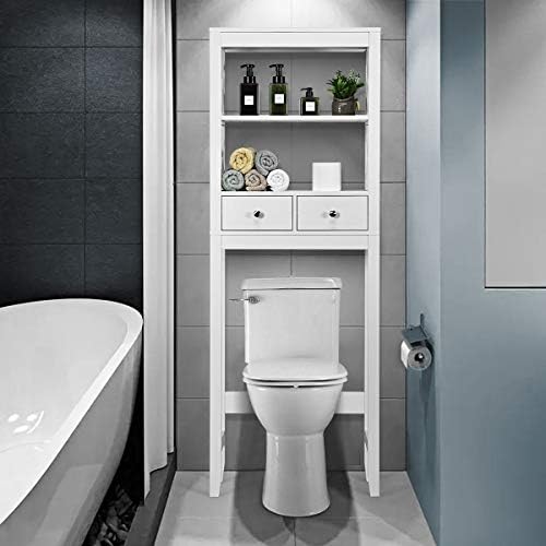 RELAX4LIFE Over The Toilet Shelf, Freestanding Bathroom Storage Rack with 3 Open Shelves & 2 Drawers, Laundry Washing Machine Holder Cabinet Stand Organizer Unit (Without Back Panel)