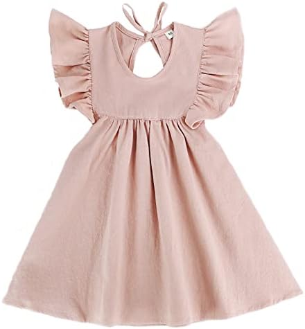 Goodplayer Toddler Baby Girl Dress Summer Cotton Linen Ruffle Halter Sleeveless Kids Casual Beach Party Dresses 1-6 Years (Pink, 90, 2_Years),2-3T