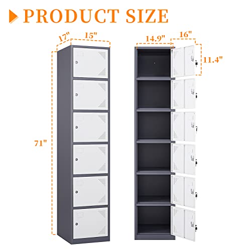 Image of Metal Locker with 6 Doors, 71 inch Lockers for Employees Steel Storage Locker, Lockable Locker Cabinet for School, Gym, Home Office and Garage(Grey White)