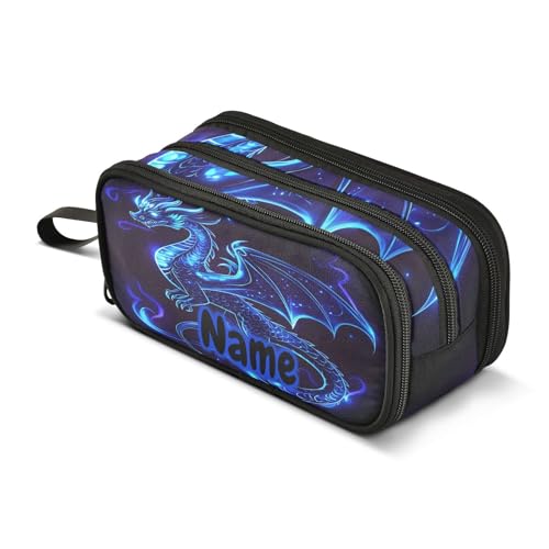 Image of Custom Dragon Blue Black Pencil Case Box Boys Girls Personalized Name Large Pencil Pouch Stationery Pen Bag Organizer for Kids Adults School Office