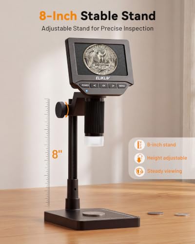Image of Elikliv Microscope, 4.3'' Digital Coin Magnifier with Lights for Adults | IPS Screen,1080P Resolution, 8'' Stand, Built-in Battery, Great Magnification, Save Photos & Videos, Mac Windows Compatible