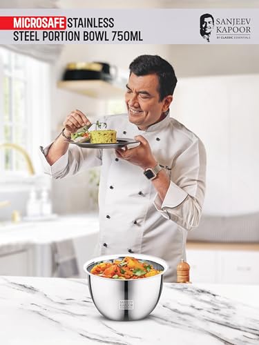 Image of Sanjeev Kapoor by Classic Essentials Stainless Steel Mixing & Serving Bowl Microwave-Safe Solid, Durable, Elegant, Mirror Finish Bow (Silver, 750ML)
