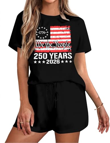 Image of VILOVE 4th of July 2 Piece Sequin Outfits Women 250 Anniversary Usa Shirts and Short Sets Casual Patriotic Shirt Summer Set