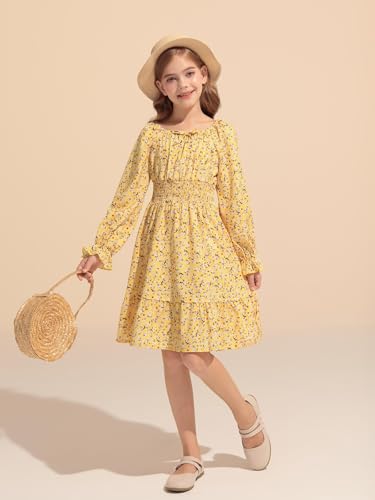 Haloumoning Girls Dresses Kids Floral Long Lantern Sleeve Square Neck Smocked Flowy Dress 5-14 Years4