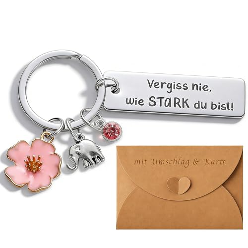 Luzzxfa Schlüsselanhänger Edelstahl Gravur – Vergiss nie wie stark du bist, Glücksbringer mit Blume Elefant Kristall, Geschenk Frauen Mädchen Mama Schwester Freundin Kollegin zum Geburtstag Muttertag
