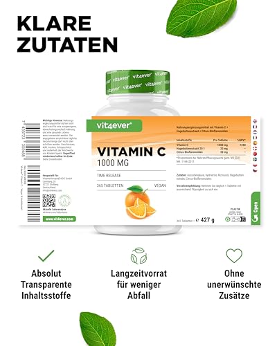 vit4ever Vitamin C 1000 mg - 365 Tabletten im Jahresvorrat - Time Released Effekt - Laborgeprüft - Vitamin C + Hagebuttenextrakt + Citrus-Bioflavonoide - Vegan - Hochdosiert