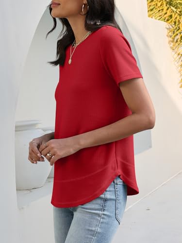 Image of ANRABESS Womens Waffle Knit Tops Short Sleeve Crewneck Shirts Curved Hem Summer Dressy Casual Blouses Spring Fashion Clothing
