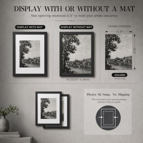 Image of VCK 12x16 Picture Frame with Real Glass, Black Wood, 8.5x11 Mat, 2 Pack