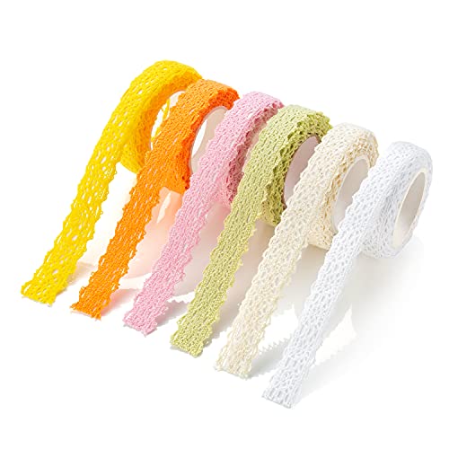 6 Rollen farbe Spitzenband Selbstklebend Beige Weiß Gelb Orange Rosa Grün Vintage Dekoband Spitze Bänder Bordüre Spitzenbort Stoffband Selbstklebend für Hochzeitseinladungen Alben,Flaschen vielem