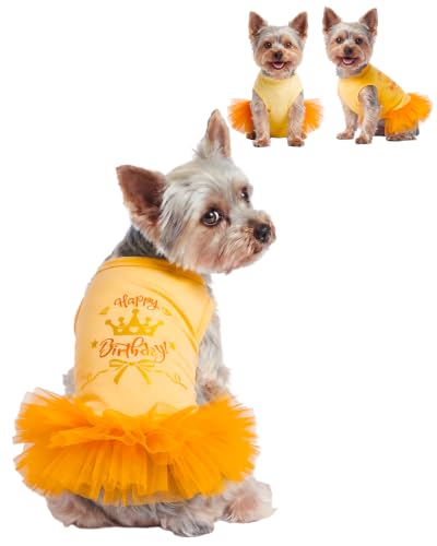 Image of CuteBone Yellow Happy Birthday Pet Tutu Dress - Crown Puppy Birthday Costume - Small Dog Clothes Cat Princess Party Outfit SRQ02L