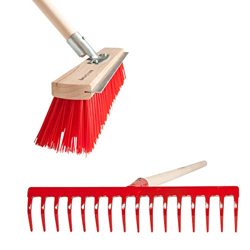 SHW-FIRE Effizientes Gärtnern mit 16 Zinken Rechen und 40cm Breiten Straßenbesen - Holzstiel inklusive