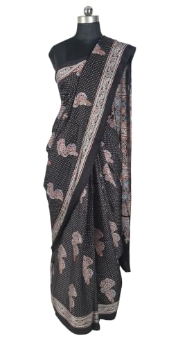 Image of Ethnics of Kutch Womenss Ajrakh Modal Silk Natural Dye Hand Block Print Saree with Blouse Piece - 5.5 Mtr Length