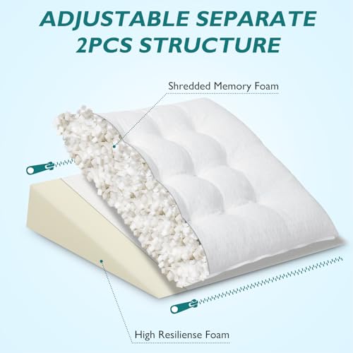 TANYOO Bed Wedge Pillow for Sleep Apnea 7.5Inch Gerd Pillow Patent Dual Layer Triangle Pillow Adjustable Shredded Memory Foam Topper Soft Support Ideal for Acid Reflux, After Surgery, Snoring