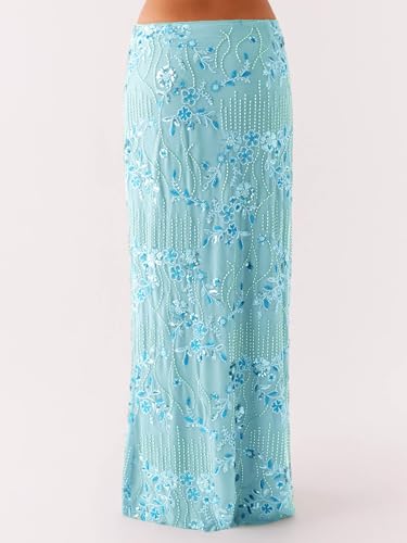Women Y2k Sequin Long Skirt Sparkly Beaded Floral Maxi Skirt Rhinestone Glitter Midi Skirts Streetwear3