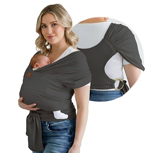 Image of Stylish Dark Gray & Gold Baby Carrier Wrap: Comfortable, Soft & Supportive, Adjustable Ring Sling for Mom & Dad, Ideal for Baby Registry, Newborn to Toddler, Baby Shower