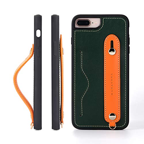 HANATORA iPhone 8Plus/7Plus グリップケース レザー 本革 ストラップ付属 イタリア製牛革 ヌメ革 片手操作 カード収納 スタンド機能 メンズ レディース グリーン/オレンジ CGH-8Plus-Green-OG