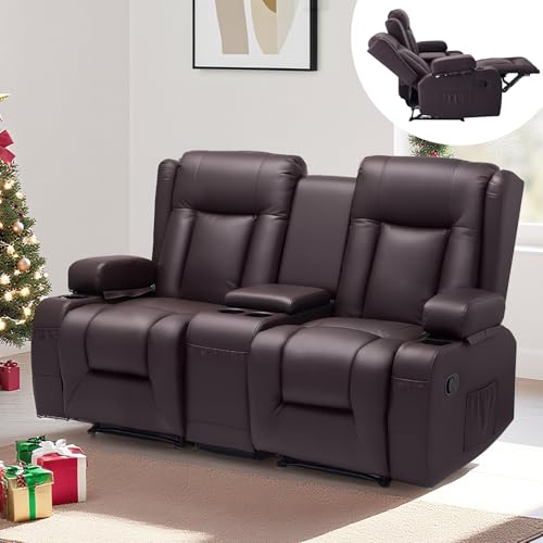 Image of VEVOR Loveseat Recliner Sofa, Home Theater Seating Reclining RV Couch with Console, Wall Hugger Recliner with USB Ports, Cup Holders, Storage Bags, Dual Loveseat Chair for RV /Movie Room, Faux Leather