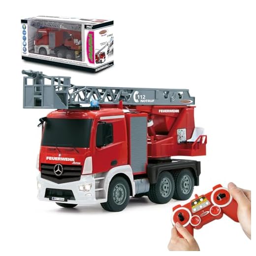 JAMARA 404960 - Feuerwehr Drehleiter 1:20 Mercedes Antos 2,4G - deutsche Sirene mit blauen LED Signallichtern, 420 ml Wasserbehälter, reale Spritzfunktion, programmierbare Funktionen, 4 Radantrieb
