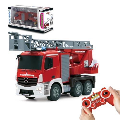 JAMARA 404960 - Feuerwehr Drehleiter 1:20 Mercedes Antos 2 4G - deutsche Sirene mit blauen LED Signallichtern 420 ml Wasserbehälter Reale Spritzfunktion programmierbare Funktionen 4 Radantrieb