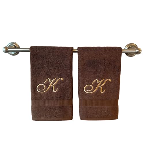 Decorvo Brown Monogrammed Hand Towels for Bathroom - Luxury Hotel Quality Personalized Initial Embroidered Towel for Powder Room, Spa - GOTS Organic Certified - Set of 2 Beige Letter K