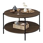 Couchtisch Rund mit 2 Ebenen, Wohnzimmertisch Holz, Stubentisch mit Metallrahmen, für Wohnzimmer, Schlafzimmer, Modern Design, Braune Walnuss