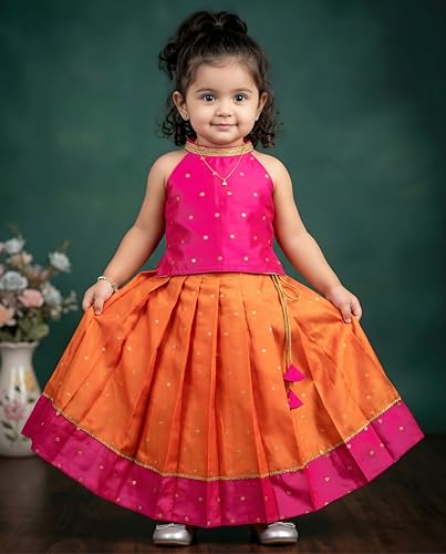 Image of Girls Designer Lehenga Choli Set Orange Rani Pink Readymade Pattu Pavadai Style Traditional Ethnic Dress for Baby Girls Kids Festive Wedding 3Months-8 Years