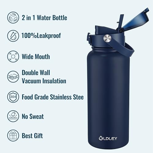 Image of OLDLEY 32oz Insulated Water Bottle with 2-in-1 Straw & Chug Lid, Leakproof Stainless Steel Bottle, Double Wall Vacuum Insulated Water Bottle for Sports, Gym, Travel,Navy