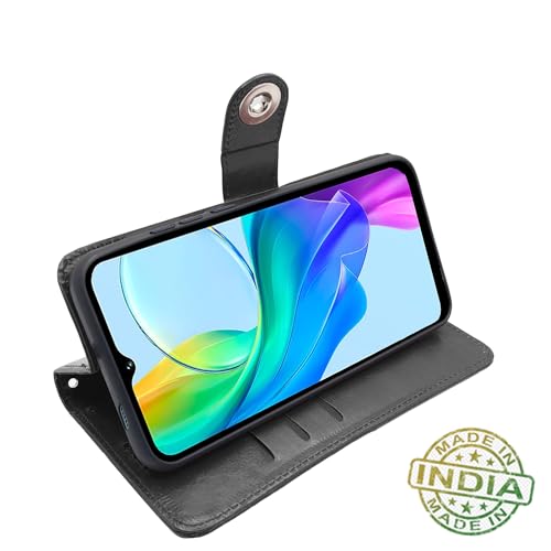 Image of Pikkme Flip Cover Leather Finish | Inside TPU with Card Pockets | Complete Protection Button Flip Case for Vivo Y03 4G (Black)