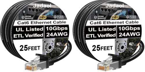 Image of Jadaol [UL Listed Cat6 Ethernet Cable 25FT 10Gbps 24AWG Pure Copper, Black (Pack of 2)