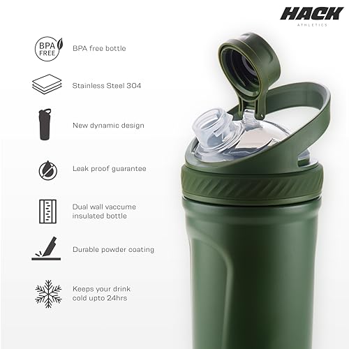 Image of Hack Athletics Premium Stainless Steel Insulated Shaker Bottles for Gym, Protein Shaker, Pre Workout Bottle, Water Bottle for Men and Women, BPA Free Material 100% Leakproof | 709ML (Green)