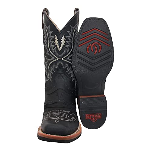 Men’s Black Genuine Leather Mid Calf Square Toe Cowboy Boot4