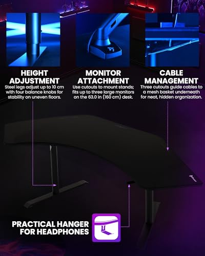 Image of Arozzi Arena Angelo L Shaped GamingDesk, PC GamingDesk L Shape, Height Adjustable L Shaped Standing Desk for Home Office, with Full Coverage Mouse Pad (Pure Black)