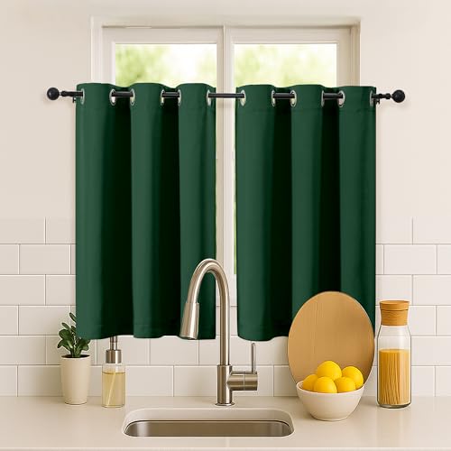 Image of Simplebrand Ever Green Short Cafe Curtains 36 Inch Length 2 Panels Set, Half Window Grommet Privacy Drape Tiers for Kitchen, Thermal Insulated Room Darkening Curtains for Bathroom Shades, W40 x L36