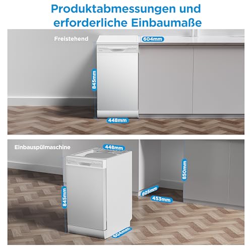 Midea SF 3.45NW PRO Geschirrspüler 45 cm Freistehend und Unterbaufähig, 9 Maßgedecke, Spülmaschine mit WLAN, 5 Programme, Höhenverstellbarer Oberkorb, 47 dB, Weiß
