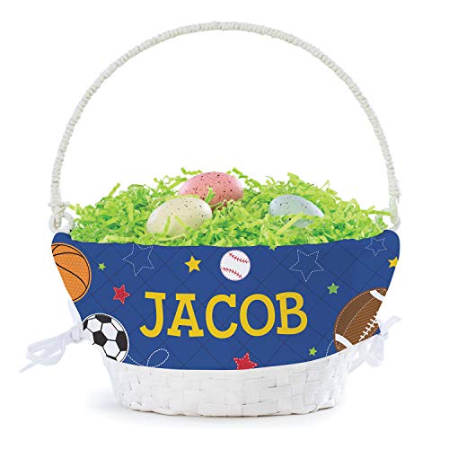 Sports Personalized Easter Egg Basket with Handle and Custom Name | Blue Easter Basket Liners | White Basket | Woven Easter Baskets for Kids | Customized Easter Basket | Personalized Gifts for Easter