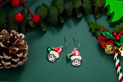 Rarelove Cute Cat With Red Xmas Hat Green Bell Ring Pierced Dangle Christmas Earrings Cz Crystal Silver Plated Alloy Holiday For Women Girls #TOP2