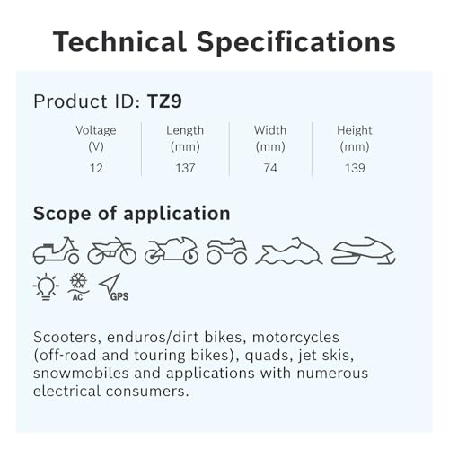 Image of Bosch M6 TZ9 AGM Bike Battery - Lead-acid Battery for Two-Wheelers - Spill Proof, with Enhanced Cranking Power and Zero Maintenance - 12V, 9A /h Rate - ‎137 x 74 x 139mm
