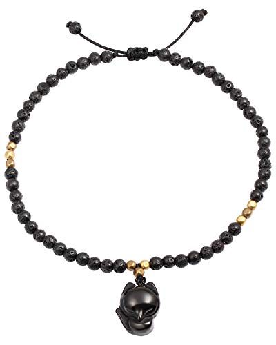Pulsera tobillera de roca de lava con zorro amuleto de la suerte para regalo de mujer