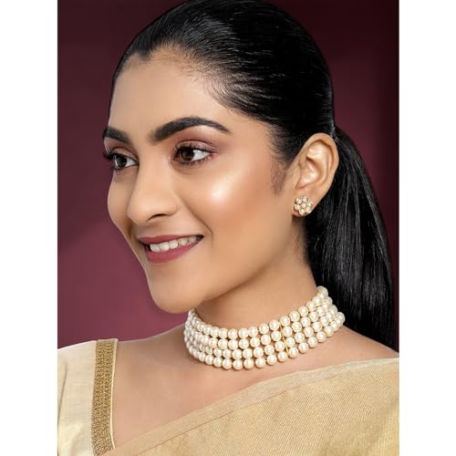 Image of Peora Kundan & Beads Studded Necklace Earrings & Maangtikka Set Ethnic Jewellery for Women & Girls