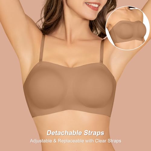 Image of Strapless Bras for Women - Wireless Seamless Tube Top Bra, Anti-Slip Lightly Padded Bandeau Bralette Coffee M
