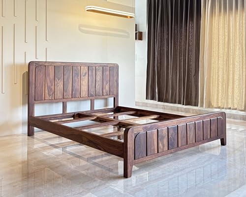 Image of Wood Vestal Sheesham Wood Bed with Vertical Slat Head & Foot, Solid Wood in Natural Finish, Modern Design | Queen Size - (78 inchx60 inch) | Without Mattress & Side Tables | Low Highted | VG - 5' - N