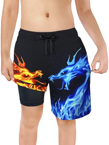 LUCOWEE Boys Bathing Trunks Zipper Pockets Boxer Lined Anti Chafe Quality Swimming Shorts Swimsuits Stretchy Light Weight Quick Dry UPF 50+ Water to Land Ice Fire Dragon Size 10-12