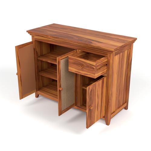 Image of PS DECOR Solid Sheesham Wood Sideboard Cabinet with Rattan Cane Doors & Storage Drawer | Multipurpose Storage Unit for Living Room & Dining Area (B-Natural Finish)