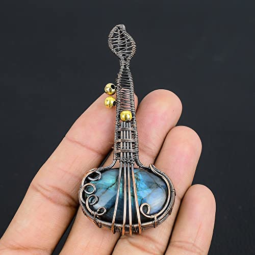 Guitar Shaped Gemstone Pendant Copper Wire Wrapped Jewelry Necklace2