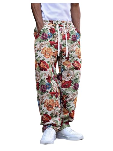 GORGLITTER Men's Floral Embroidery Pants Boho Drawstring Waist Straight Leg Trousers with Pockets