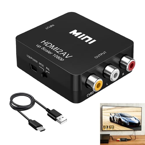 Adaptador RCA a HDMI 1080P Portátil, Convertidor AV a HDMI con Cable Alimentación USB, Conversor Video Audio CVBS a HDMI Compatible con PAL NTSC Wii PS2 Gamecube VHS DVD Cámara Proyector TV (Negro)