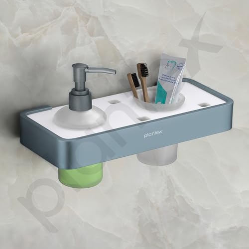 Image of Plantex Aluminium and Acrylic 2 in 1 Shampoo Dispenser with Toothpaste Holder /Liquid Soap Dispenser with Tumbler Holder /Bathroom Accessories - (Grey and Milky White)