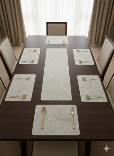 Image of Dining Table Mat and Runner Set for Home Kitchen Reusable Placemat Combo Set for Everyday Dining Use and Table Setup (Modern ractangle Table mat Runner, Pack of 7 (6+1))