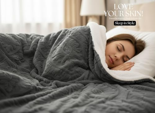 Image of VAS COLLECTIONS Faux Fur Jacquard Tufted Sherpa Blanket | 600 GSM Heavyweight Ultra-Soft & Super Warm Double Bed Blanket | 225 x 220 cm | 5D Embossed Floral Design | Heavy Winter Use - 3 kg, Grey
